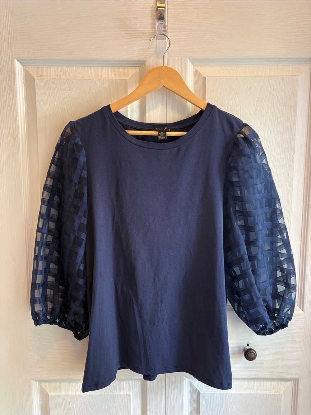 Navy Puff-Sleeve Blouse with Sheer Check Sleeves